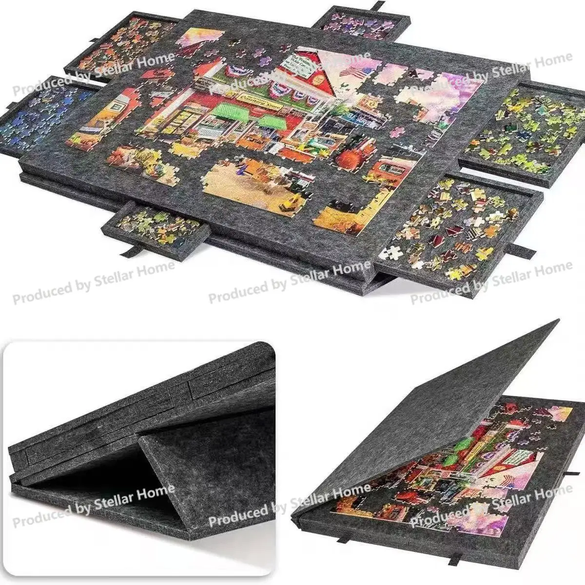 Felt Board Foldable Puzzle Table Sorting Board with Bracket Lid 6 Drawers Portable Children