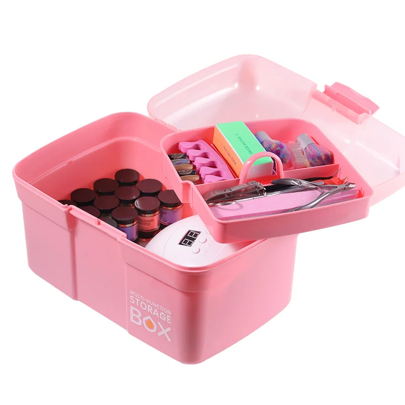 Double Layer Nail Art Tools Organizer Container Pink Color Gel Nail Polish Storage Box Multi Functional Nail Dryer Holder Case