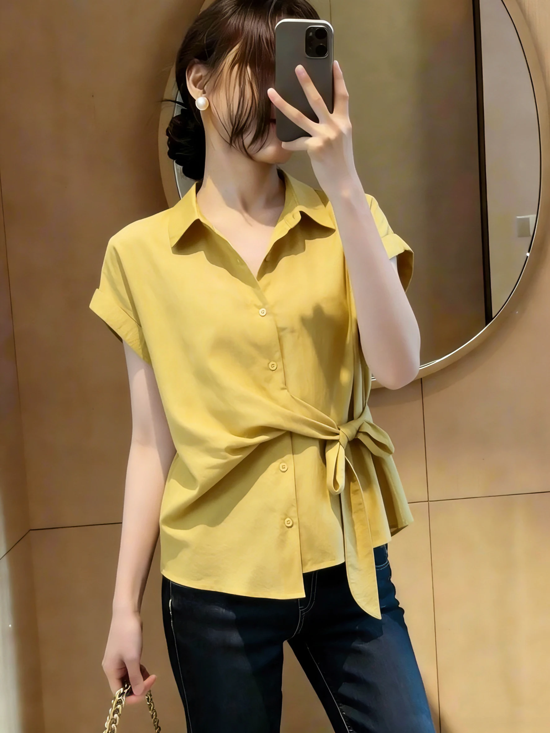 

Yellow V-Neck Short Sleeve Shirt Women's Summer New Style plus Size Fashionable Top Belt Waist in Tie Shoulder Korean Style