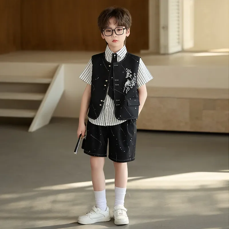 3 PCS set Summer Boy Retro Stripes TShirt+Shorts+Vest Kid Children baby Gentleman Handsome Streetwear Party Wedding Clothes
