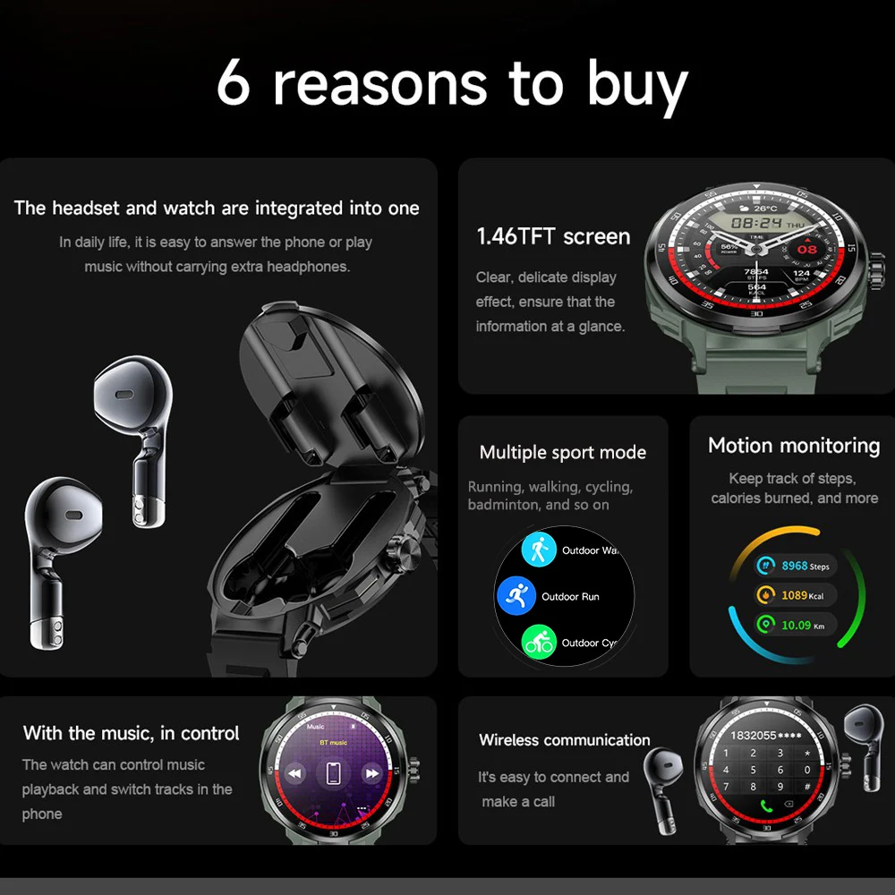 Smartwatch with Earphones Inside Wireless Call Sports Fitness Watch for Men NFC Compatible with iPhone Android