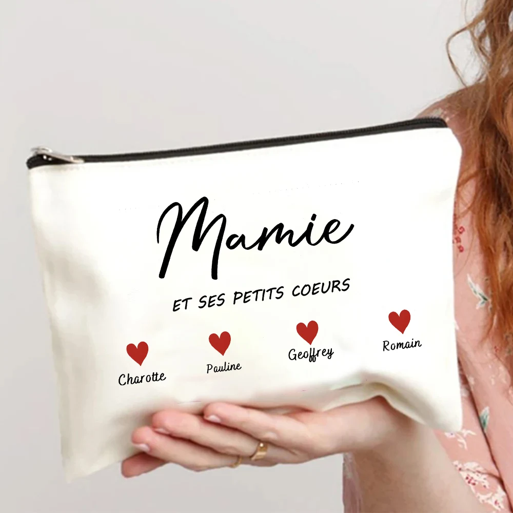 

Personalize Grandma and Her Little Hearts Printed Cosmetic Bag Women Canvas Makeup Bags Grandmother's Day Gift Grandma Pouch