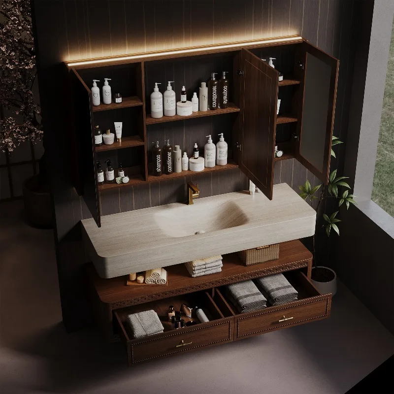 French Vintage Carved Dark Solid Wood Brass Floating Double Sink Bathroom Vanity With Marble Top Smart LED Mirror Cabinet