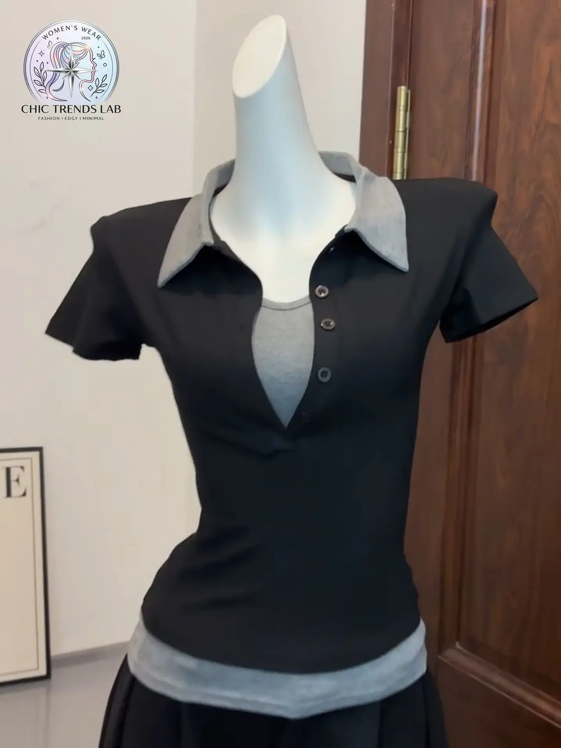 Women Korean Fake Two Piece Polo Collar Short Sleeve Layered Slim Fit Preppy Aesthetic Summer T-Shirt Streetwear Tops Y2K Shirts