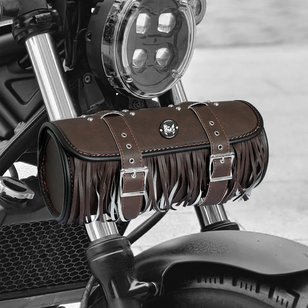 Retro Motorcycle Luggage Bag Front Rear Tool Bag Universal for Harley Saddlebag PU leather with tassels