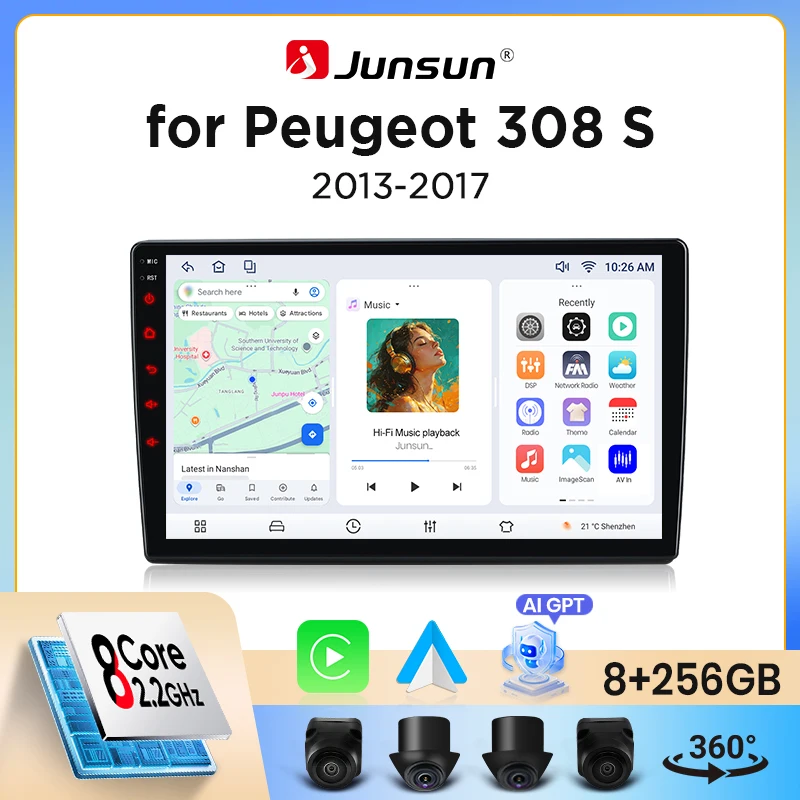 Autoradio sans fil Junsun CarPlay Android Auto pour Peugeot 308 / 308 SW Mk2 (T9) / 408 2013-2021 avec ventilateur de refroidissement intégré, navigation GPS Android, lecteur multimédia, WiFi, DSP,