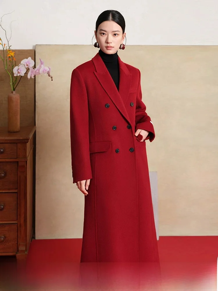 

Красное двустороннее шерстяное пальто для женщин с поясом на талии, свадебная верхняя одежда, длинное зимнее пальто от Fan Si Lan