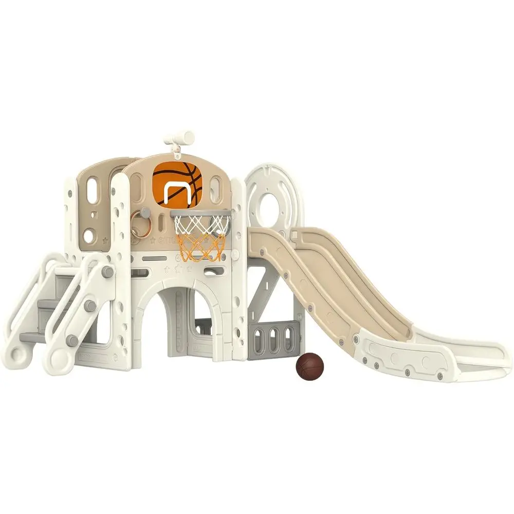 

Toddler Slide Playset for Ages 1-6, with Ring Toss, Basketball, Climber, Storage, and Tunnel, Cream White