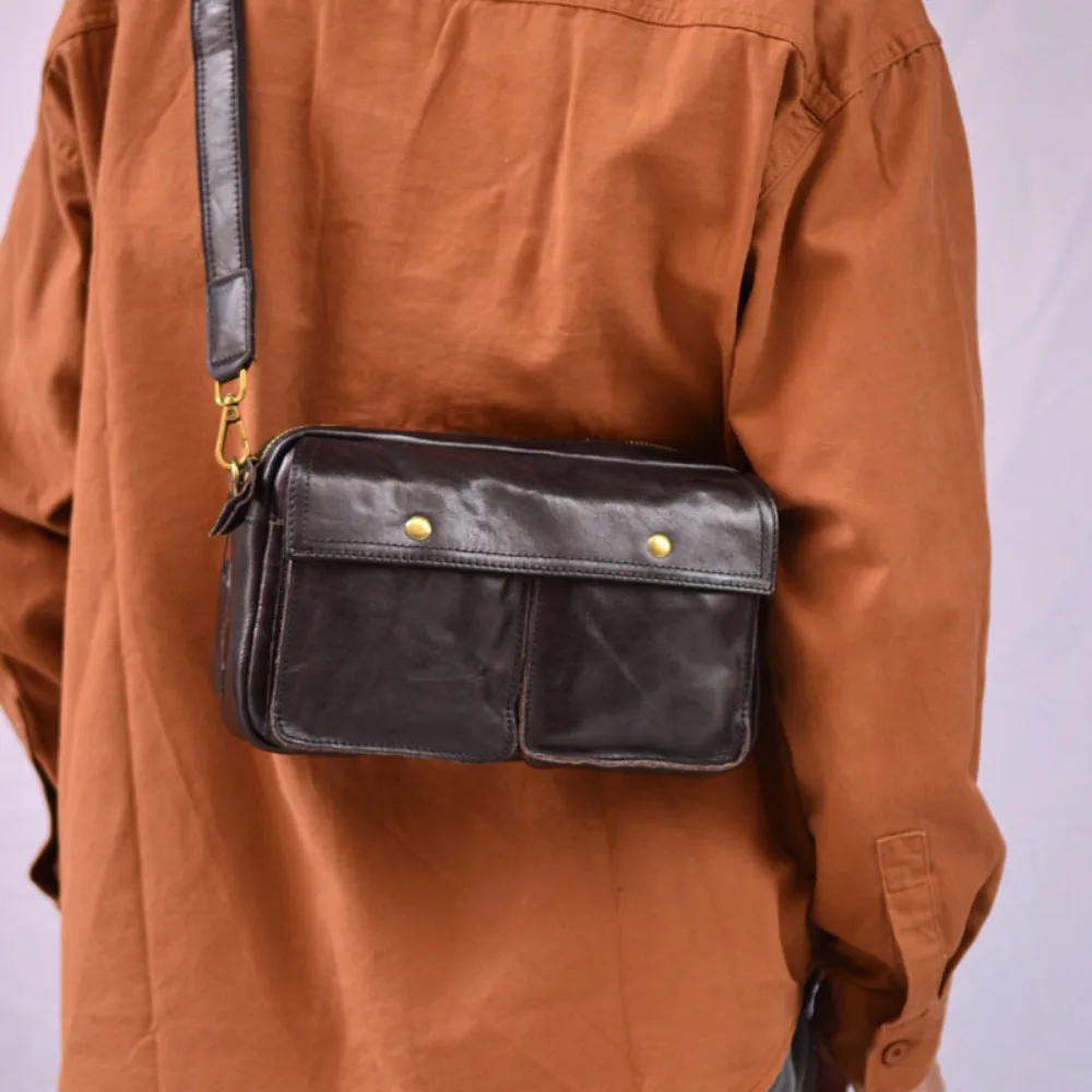 

Commuter First Layer Cowhide Men's Breastversatile Fashionleather Slash Shoulder Messenger Bag Shoulder Diagonal Span Small Pack