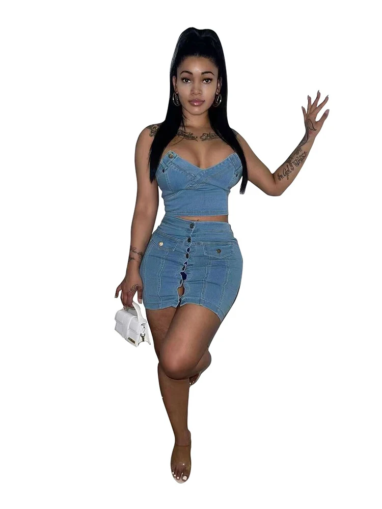 Summer Women 2 Piece Set Denim Fashion Female Hot Girl Cover Up Vest and Mini Skirt Sets Sexy Suit Wholesale Dropshipping