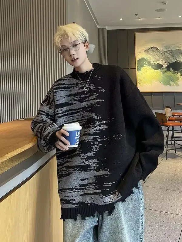 

Мужской трикотажный топ в американском стиле с эффектом тай-дай, асимметричный, повседневный, из мягкого полиэстера, с круглым вырезом и длинными рукавами