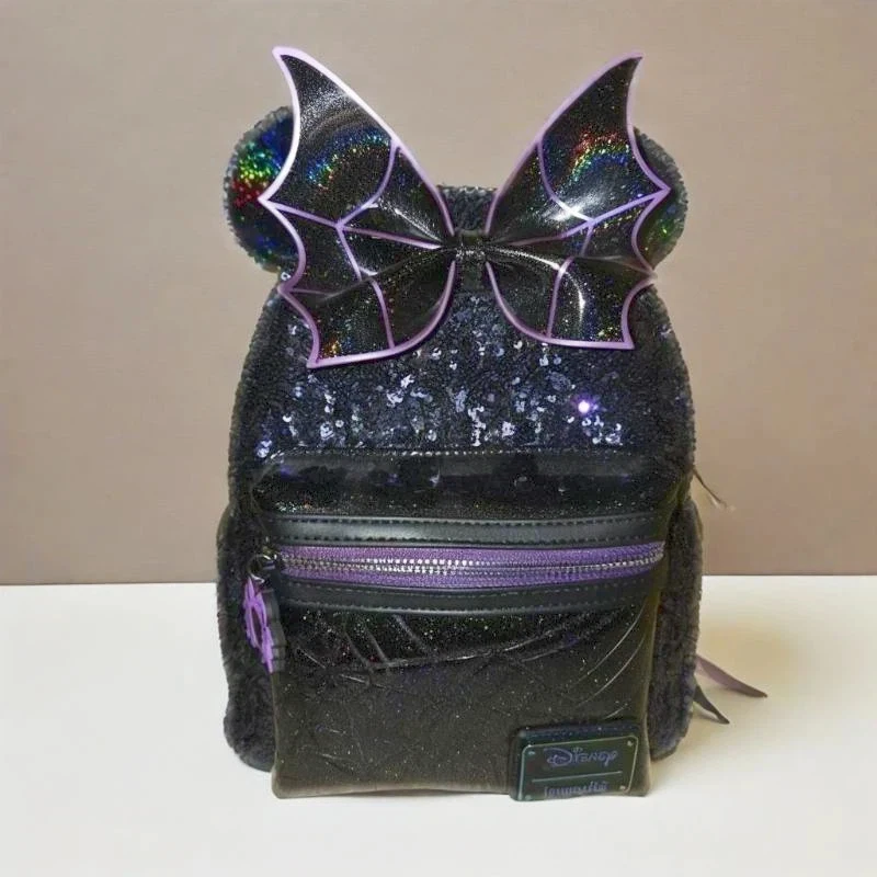 

Disney Mini Backpack Black Sequin Bat Bow Mickey Ear Design Cute Novelty Bag For Disney Fans & Festival Gifts