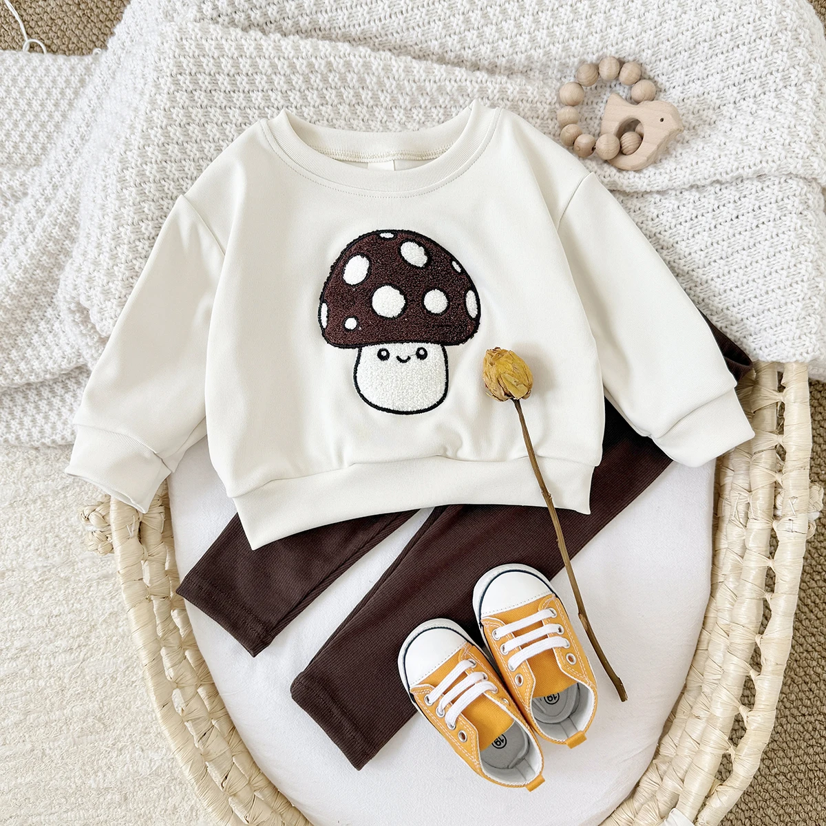 New Autumn Baby Sets Cartoon Mushroom Embroidery Pullover Cute Long Sleeves Top+Bottom 2pcs Boys Girls Suit Spring Infant Outfit