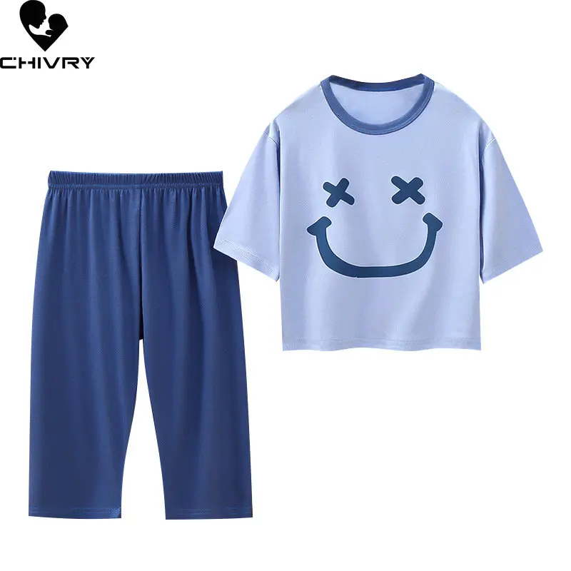 Kinder Sommer Dünne Silky Pyjamas Sets Neue Jungen Mädchen Cartoon Lächeln Drei-viertel Hülse Oansatz T Shirt mit Hosen baby Homewear