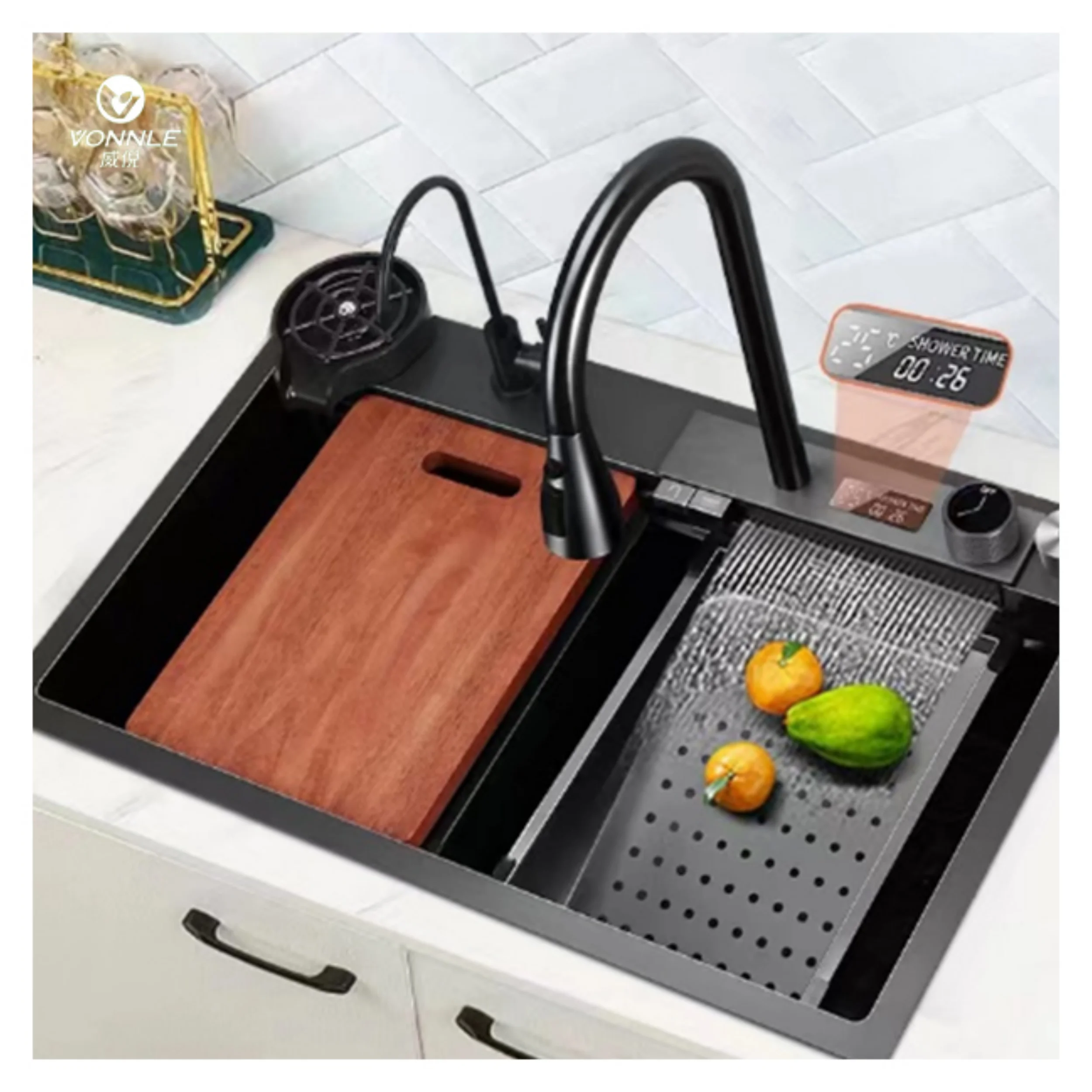 Factory Direct Welding Stainless Steel Single Bowl Waterfall Faucet Sink with Brass Valve Black Kitchen Multifunction Sink
