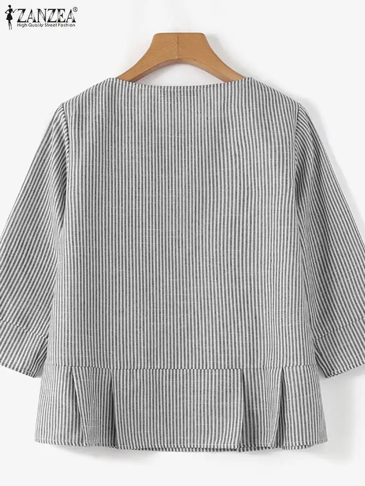 ZANZEA Summer Casual Stripe Printed Blouse Long Sleeve O-Neck Tunic Tops Woman Elegant Ruffles Hem Shirt Female Holiday Blusas