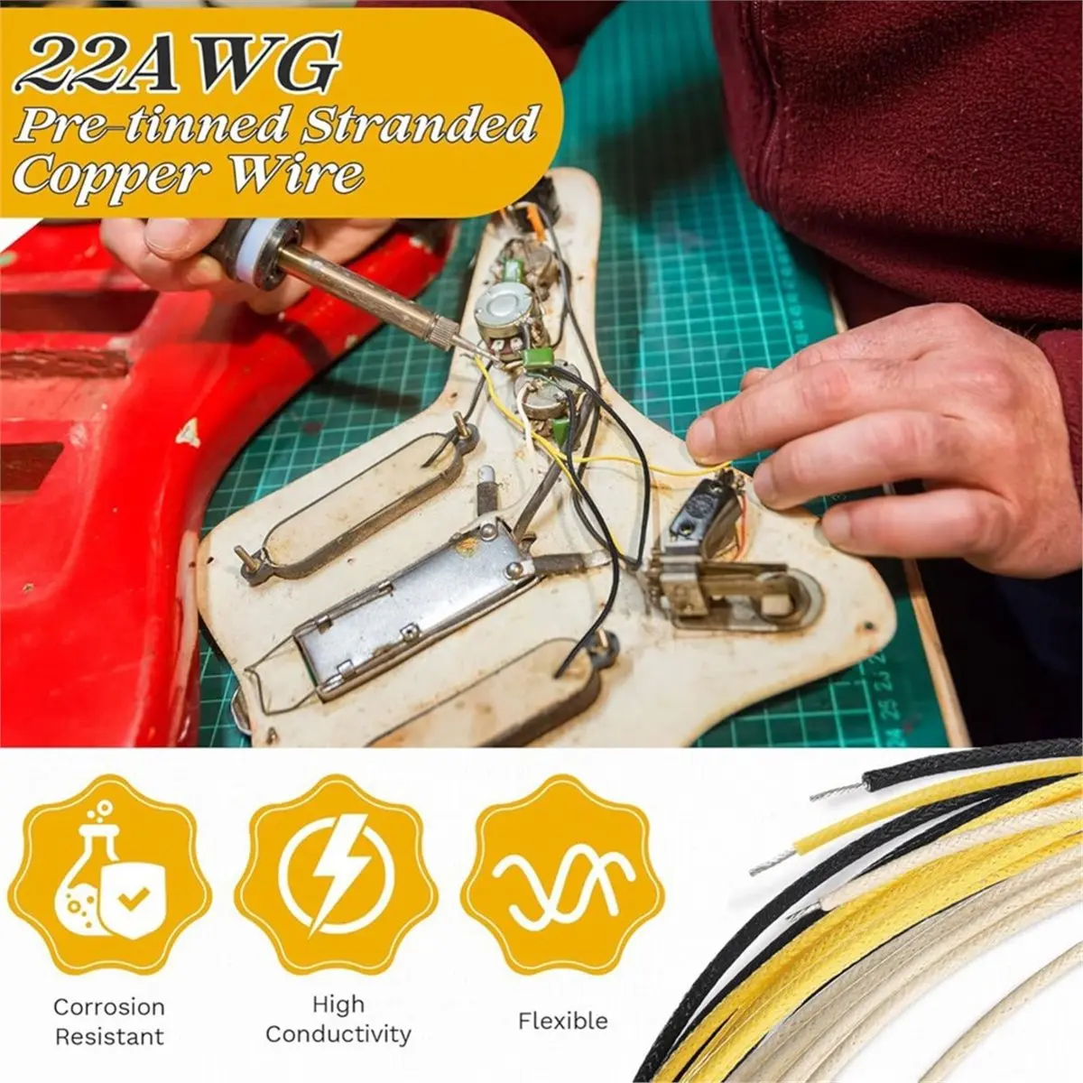 PHONE&GEAR 30FT Cloth Covered Pushback Guitar Wire Set, Vintage Style Waxed Braided Guitar Wiring Kit, 22AWG Pre