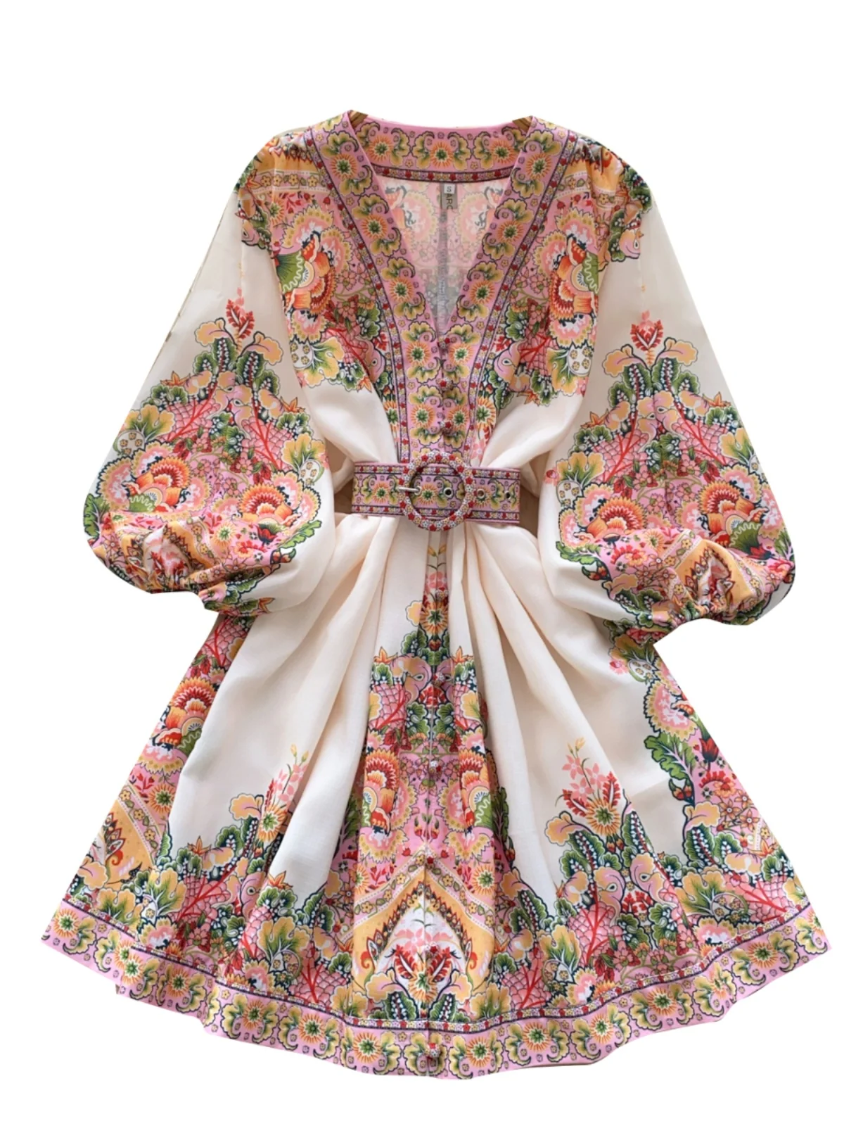 Court Sle Damen Dr Vintage V-ne Single Button Taille Cinch Lantern Sve Print Ort A-Linie Rock Koreanische Version