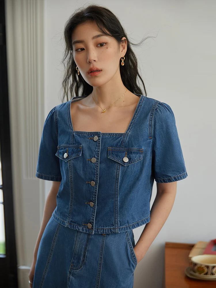 DUSHU Office Lady American Retro Denim Skirt Set For Summer 2023 New Short Tops For Women Loose Causal  Denim Set For Women