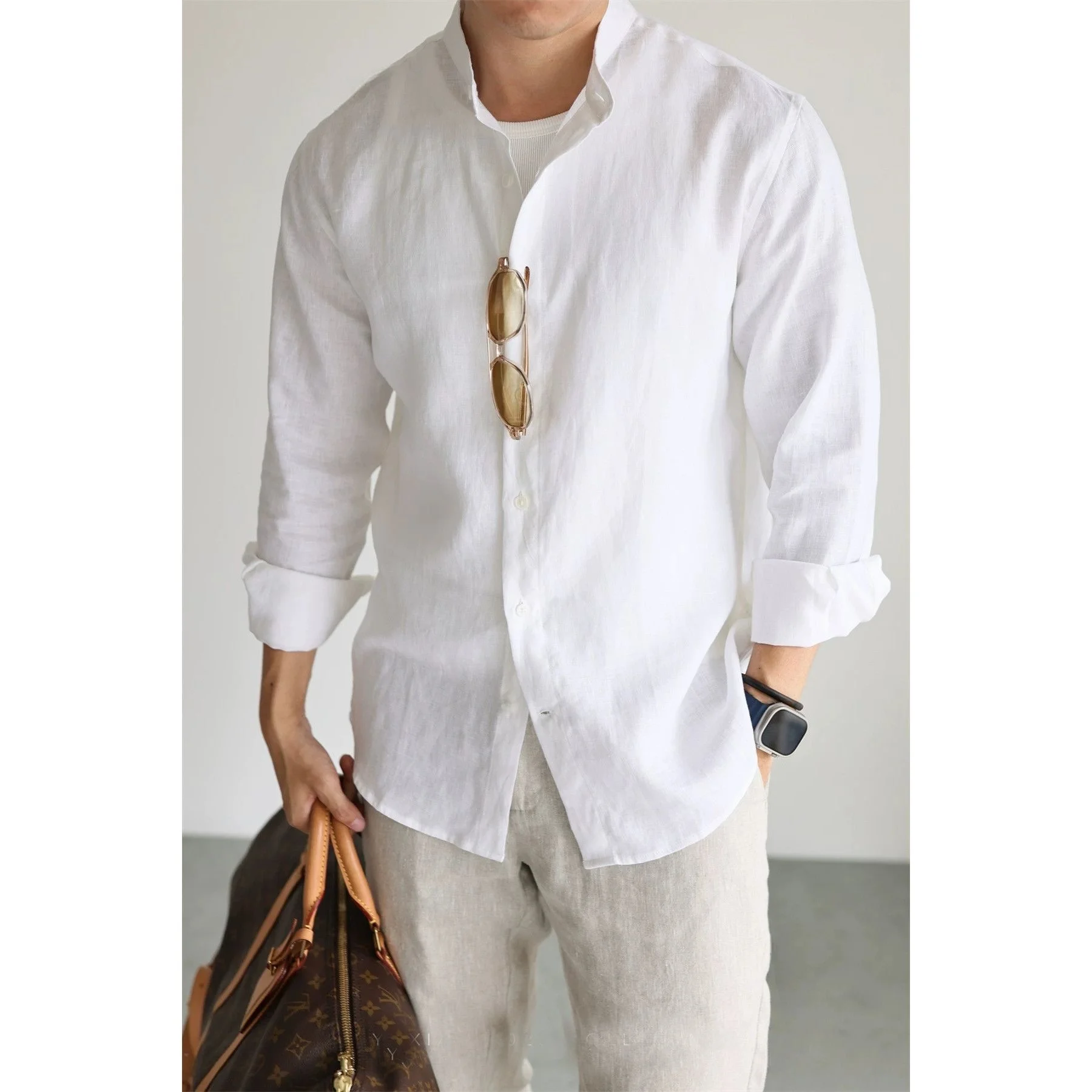 

Pure Color Stand Collar Casual Men's Shirt Long Sleeve Spring Autumn Versatile High End Feeling Loose Fit Cotton Linen Blend