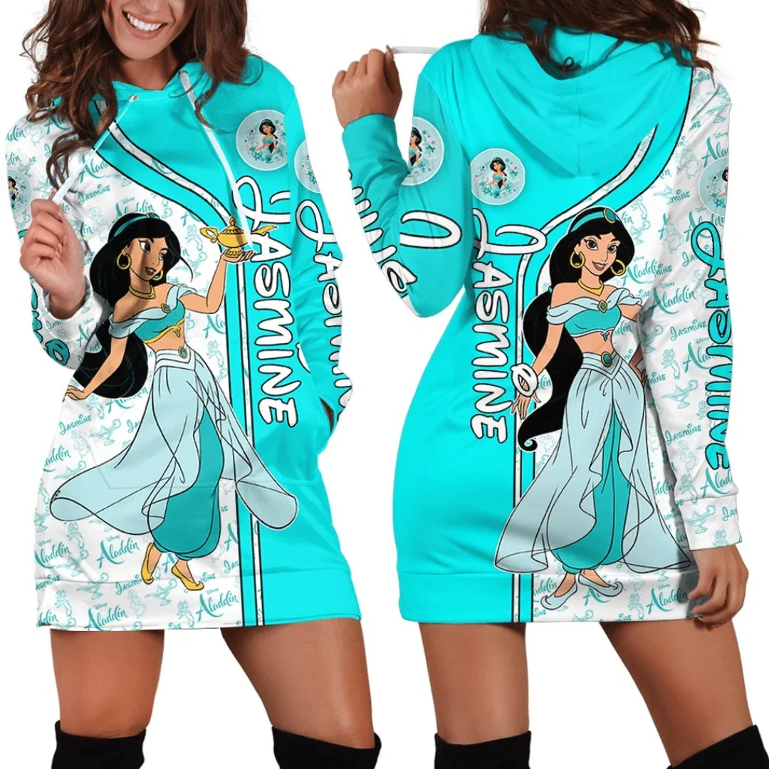 2024 New Disney Jasmine Princess Hoodie Dress Sweater Fashion Disney Dress Sweatshirt Dress 3d Allover Printed Hoodie for Women