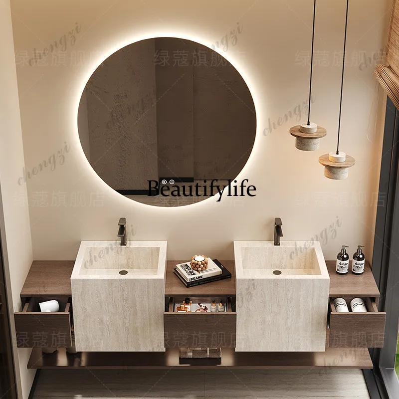 Light luxury rock slab column basin hanging washbasin B & B hotel integrated washbasin extension countertop bathroom cabinet