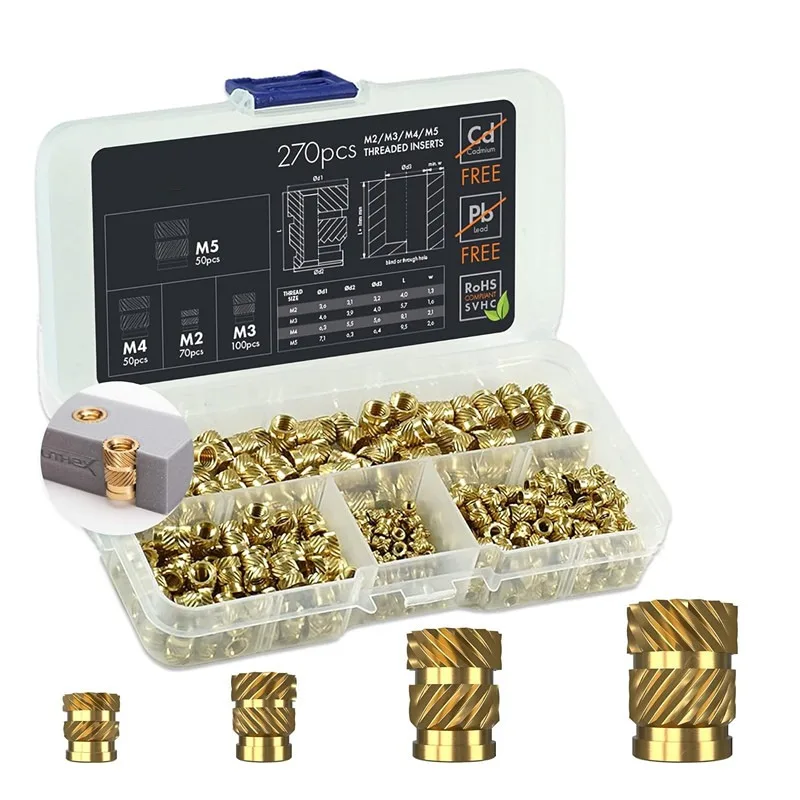 270PCS Brass Threaded Inserts Assortment Metric M2 M3 M4 M5 Heat Staking Injection Molded Copper Nuts Kit