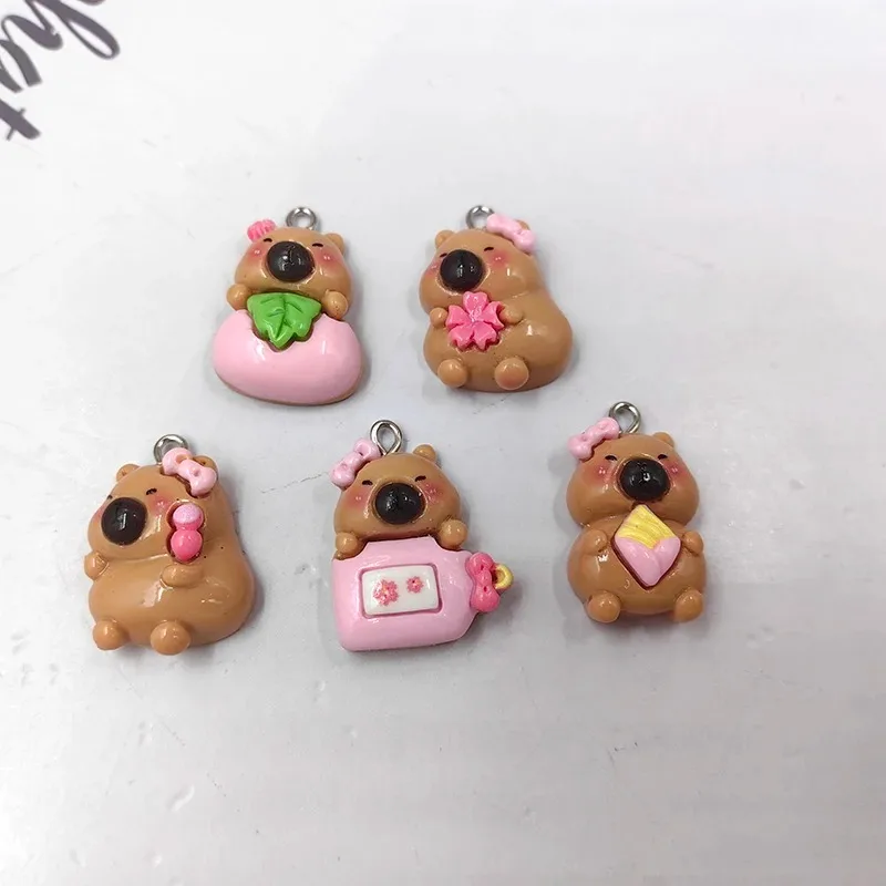 10pcs Cute Pink Flowers Capybara Charms for Jewelry Making Animals Pendants Craft Diy Earring Keychain Finding
