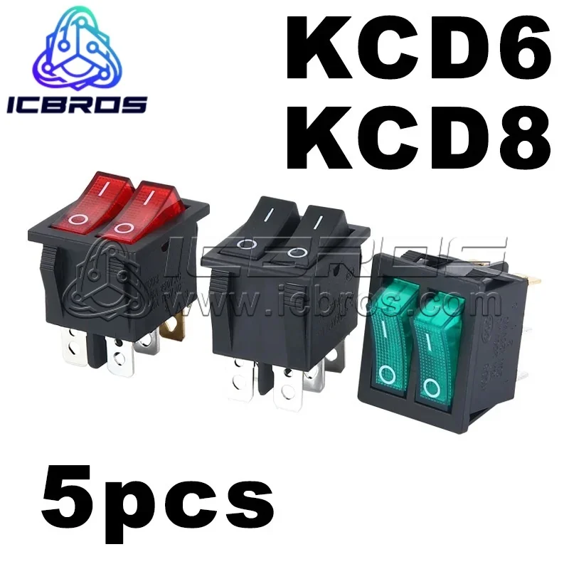 5pcs/lot KCD6 KCD6-212N KCD8 KCD8-212N 16A 250V AC Rocker Switch Boat Switch 6pins ON-OFF Red Green Electric Heater Double