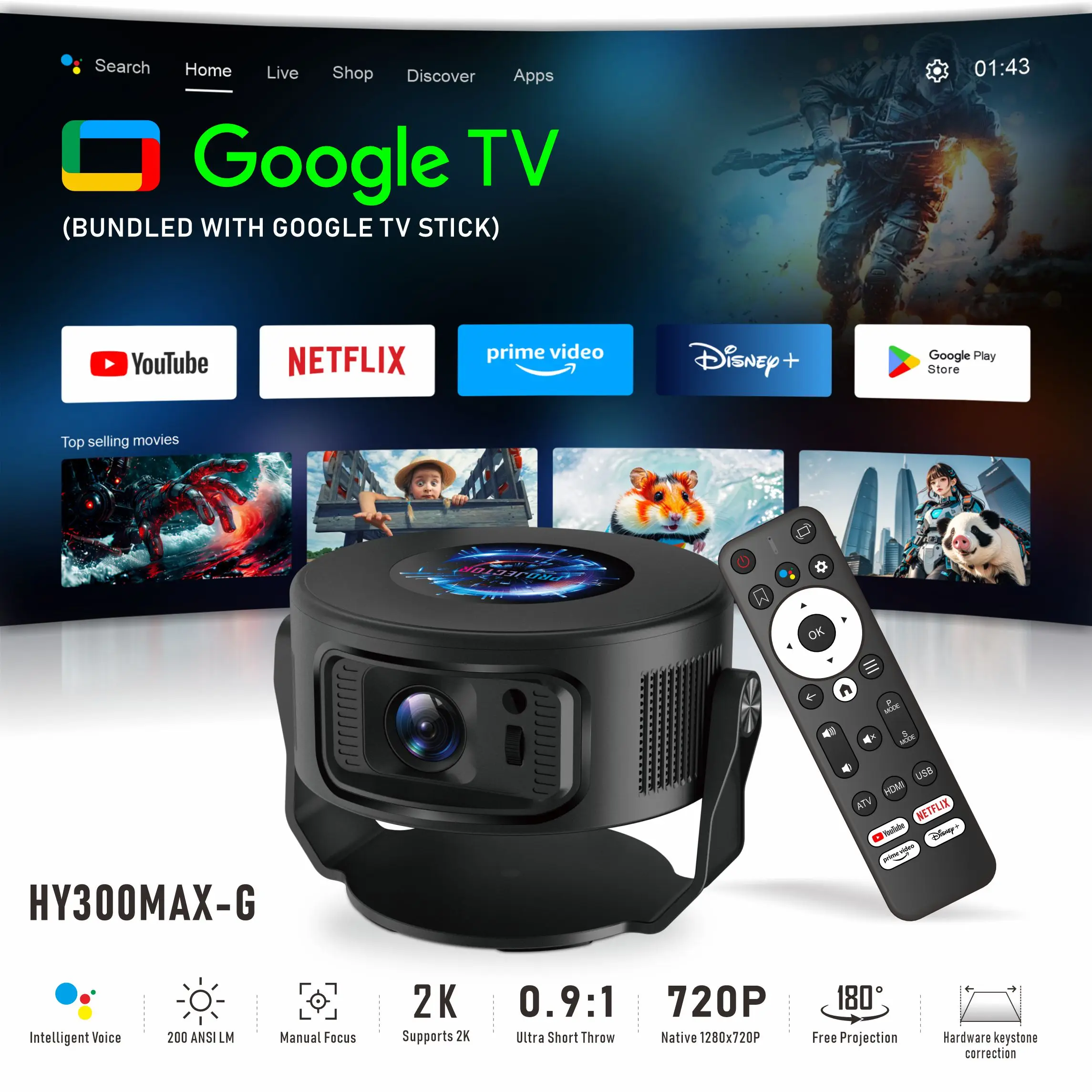 

Проектор WESOPRO HY300 MAX 200 ANSI 2K HD 720P BT5.0 с Google TV, Allwinner H137, портативный, для домашнего кинотеатра