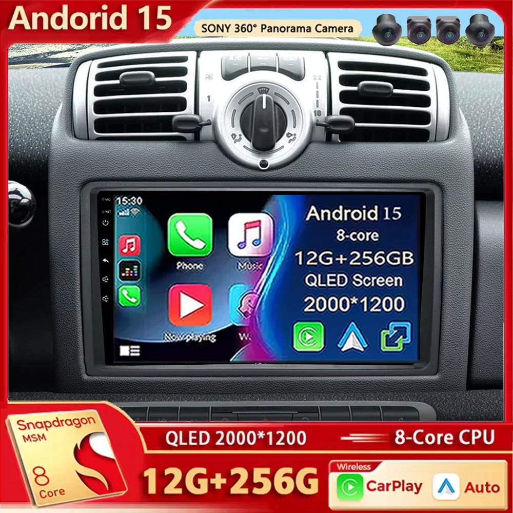Multimedia HDMI 2 DIN Android 15 Radio de coche para Mercedes Benz Smart Fortwo 451 2005 - 2015 Android inalámbrico Carplay Android Auto