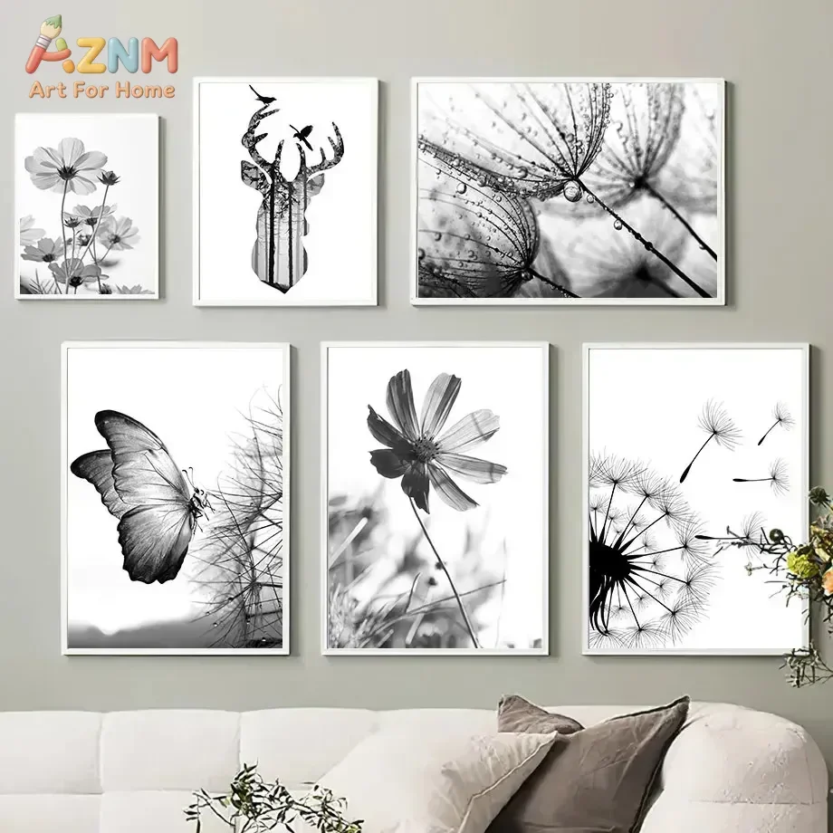 AZNM Black White Nature Canvas Print Dandelion Cosmos Flower Deer Butterfly Minimalist Monochrome Plant Animal Wall Poster Unfra