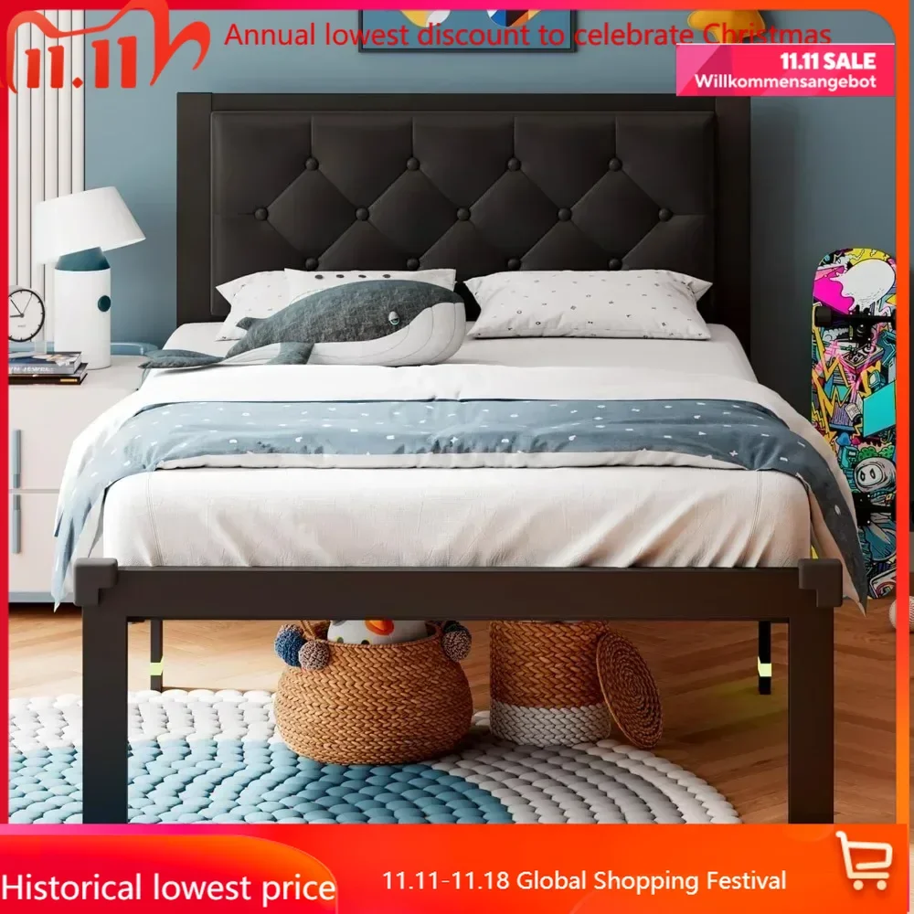 

Twin Size Metal Bed Frame, Faux Leather Platform Bed Frame with Button Tufted Headboard, 12" Underbed Space, Steel Slats