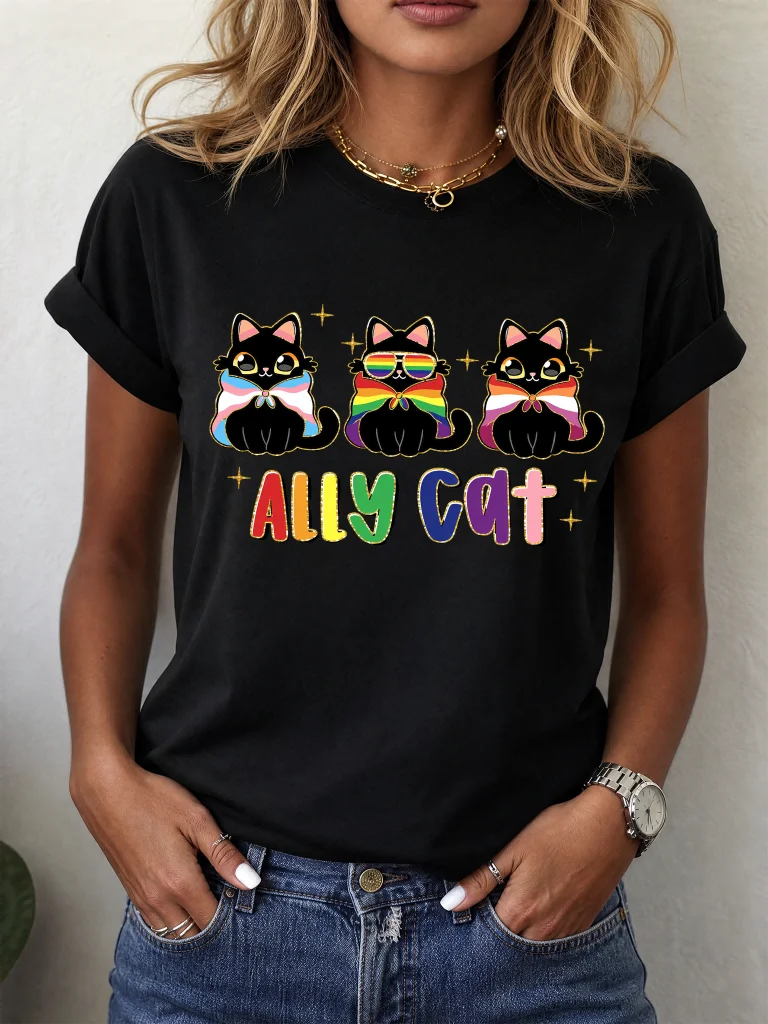 ilstile Ally Cat LGBTQ Pride 2026 Women T-Shirt Funny Black Cat Rainbow Graphic Tee Casual Short Sleeve Summer Top