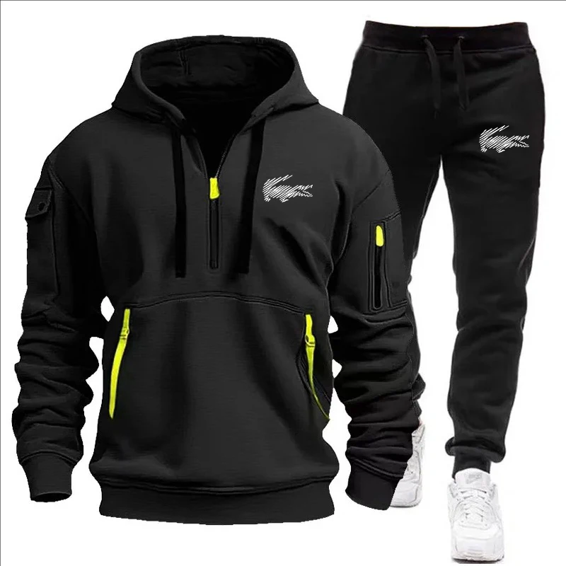 2025 New Spring and Autumn men's multi-pocket zipper hoodie + sweatpants two-piece jogging leisure fitness sports clothing set