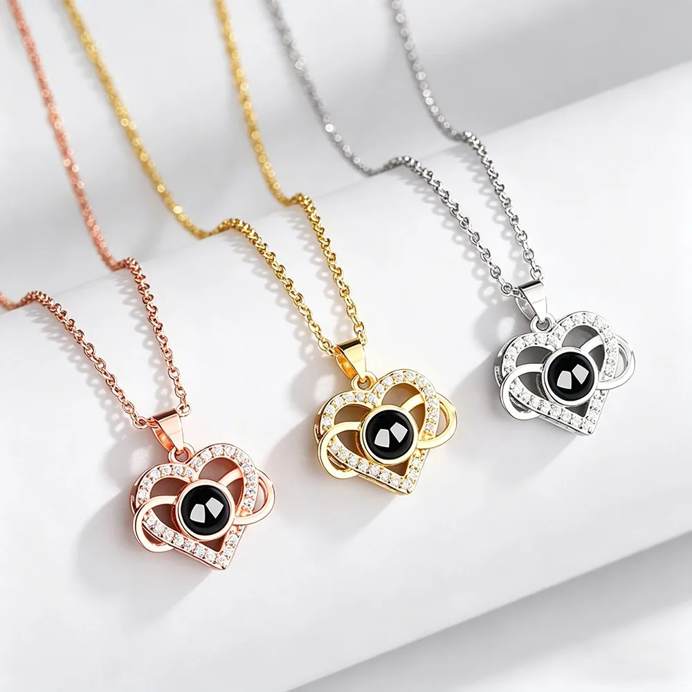 Necklaces 100 Languages I Love You Projection Heart Pendant Stainless Steel Chain For Women Girlfriend Mom Romantic Gift