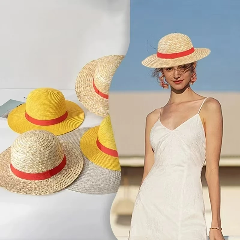 Brdwn Luffy Unisex, cuerda de cuello de paja plana amarilla, accesorios de dibujos animados japoneses, sombrero de Cosplay