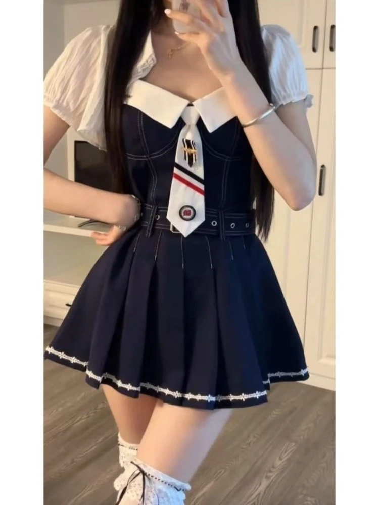 Summer Two Piece Set Women Navy Blue Suspender Dress with White Puff Sleeve Blouse Sweet College Style Slim Fit Kawaii Outfits