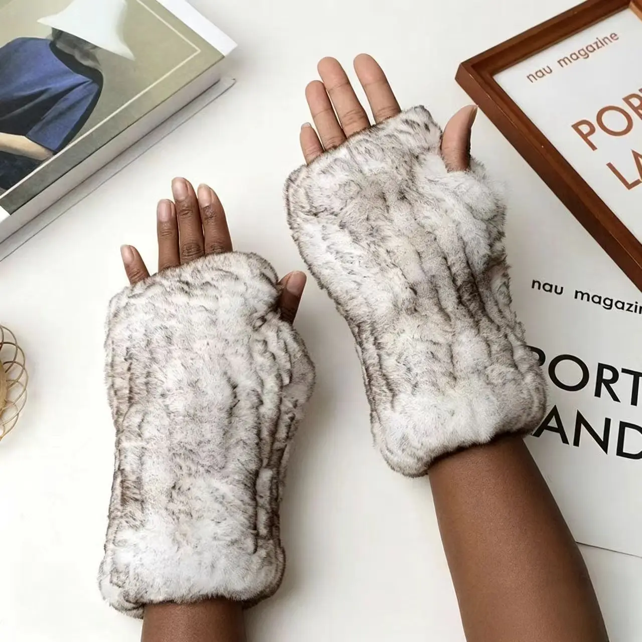 2026 New Unisex Genuine LeatherReal Rabbit Fur Fingerless Gloves Striped Thick Warm Winter Half Finger Hand Warmers Multi Colors