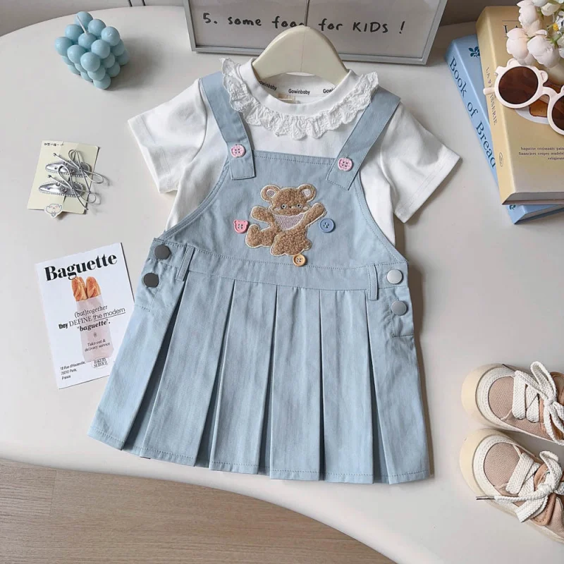 

2026Summer new style cute cartoon bear pleated suspender skirt with lace short sleeves two-piece set for girls