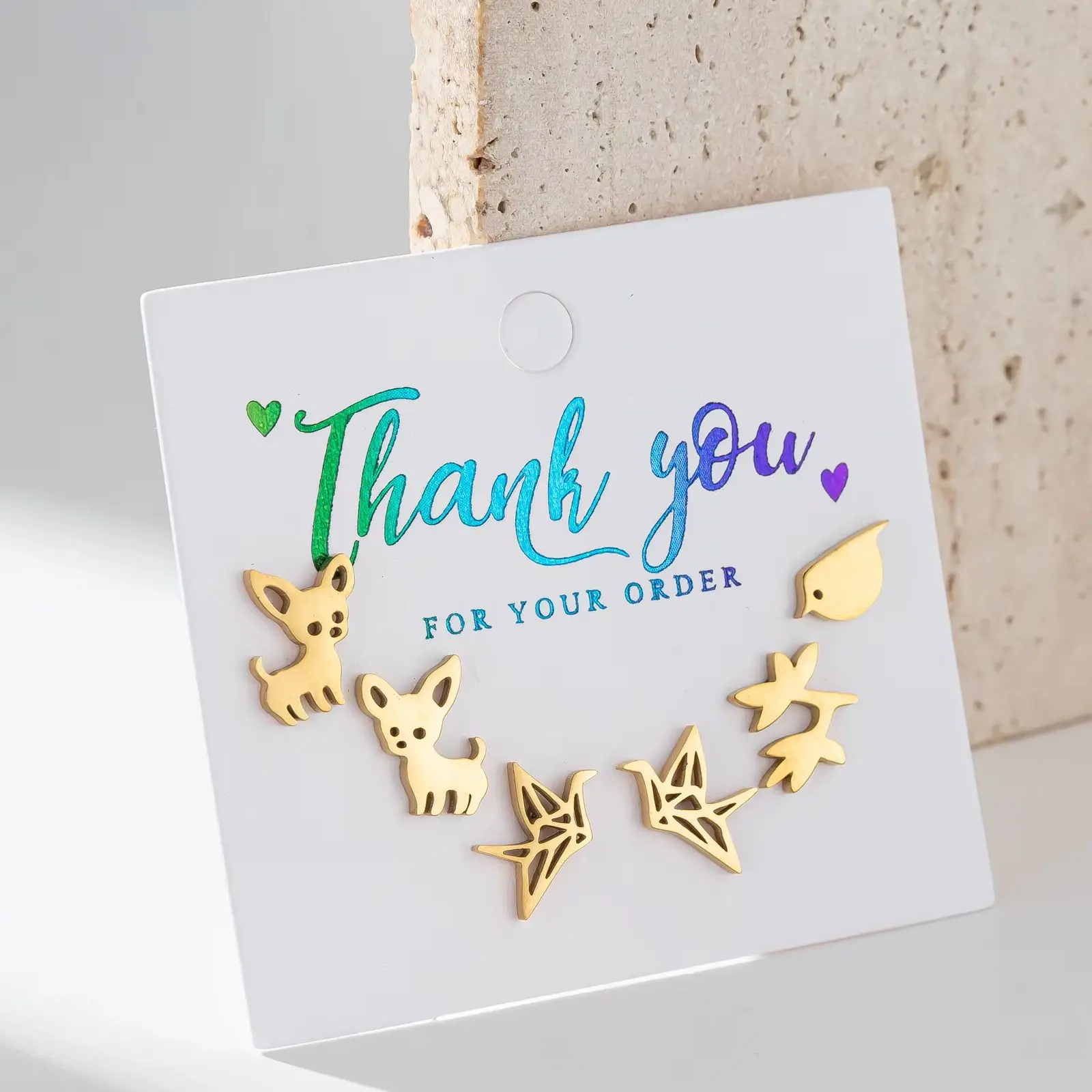 3Pairs Golden Animal Stainless Steel Ear Studs for Women Fashion Cute Chihuahua Dog Earrings Small Origami Crane Earings Jewelry