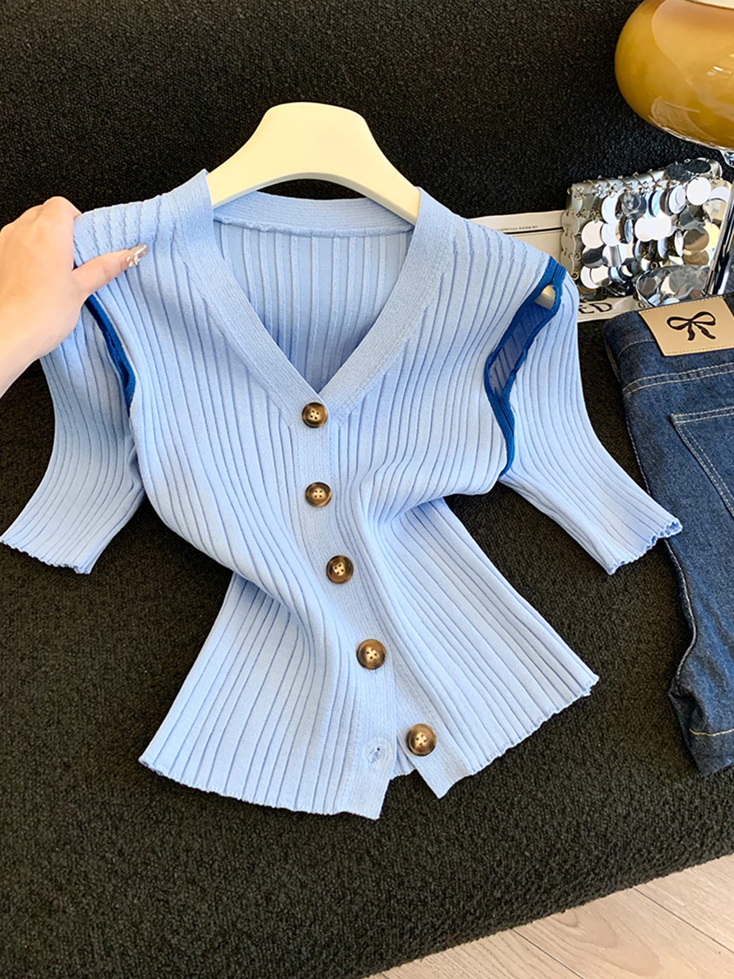 

Emily Clud Selected Recommendation ~ Color Blo V-ne Hollow out oulder ort Sve Knitted Open Cardigan Top Women Summer