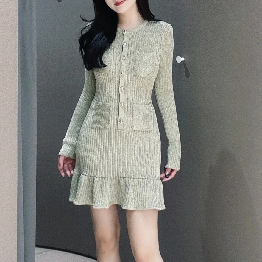 Vestido de punto con cuello redondo dorado para mujer, minivestido elegante con bolsillo en la cadera y cola de pez de manga larga