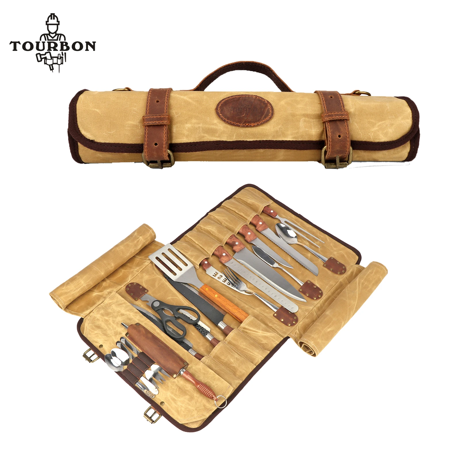 Tourbon Folding Tool Roll Heavy Duty Knife Roll Storage Bag (12 Slots) Canvas & Leather Tool Organizer Portable Pocket Brown