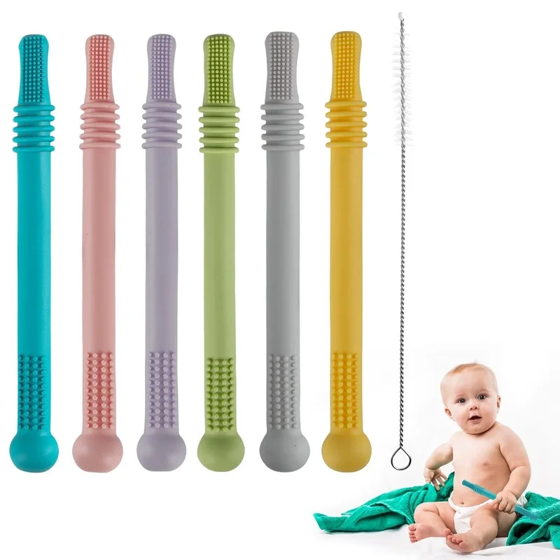 Long Tube Teether Toy Infants Baby Safety Teething Stick Food Grade Silicone Chewing Biting Toys Soft Chewy Molar Tube Bar RU EU