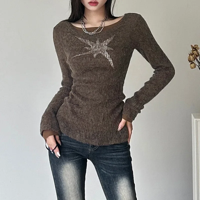 

2023 Winter New Brown Vintage All-match Casual Tight Warm High Street Sweet Gentle Women's Basic Pullover Sweater