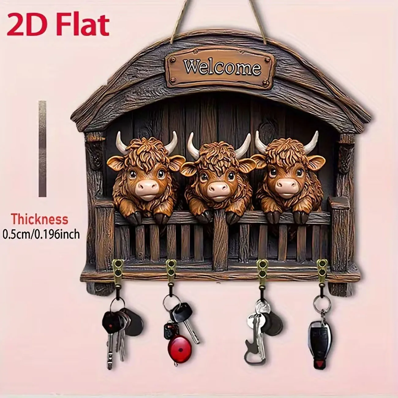 2D flat key holder with three highland cows print, four hooks, rustic welcome wall decor for farmhouse home.