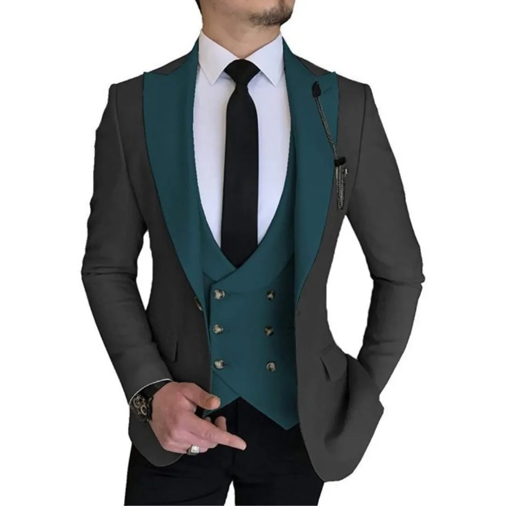 

Men Suits Formal Double Breasted Vest Wedding Tuxedo Terno Masculino Prom Groom Black 3 Pcs Slim Fit Blazer Jacket+Pant+Vest