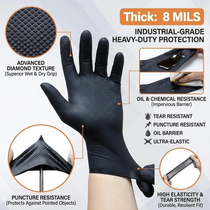50/100PCS Heavy Duty Industrial Nitrile Gloves Disposable 8Mil Texture Grip Safety Gloves for Men Work Mechanic Auto Repair BBQ
