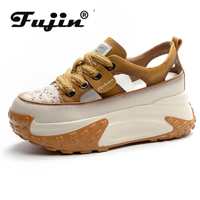 Fujin 7cm Suede Genuine Leather Platform Wedge Comfy Fashion Lace Breathable Women Chunky Sneakers Summer Hollow Leisure Shoes